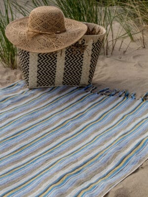 Hamamdoek - Stranddoek Bursa blauw - geel - kaki - ecru gestreept