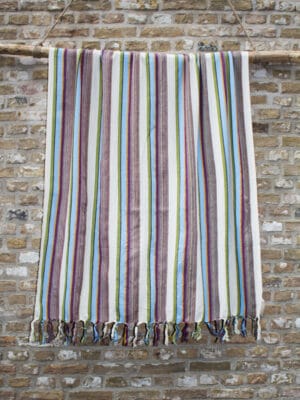 Hamamdoek - stranddoek Hatay paars - blauw - geel - olijf - ecru kleurig gestreept
